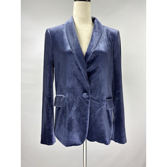 H Halston Velvet Blazer Blue Purple Medium One Button Stretch Pockets - Picture 1 of 11
